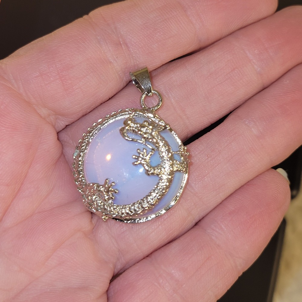 Dragon Opalite Pendant Silver Tone Fantasy Dragon Cabochon Charm